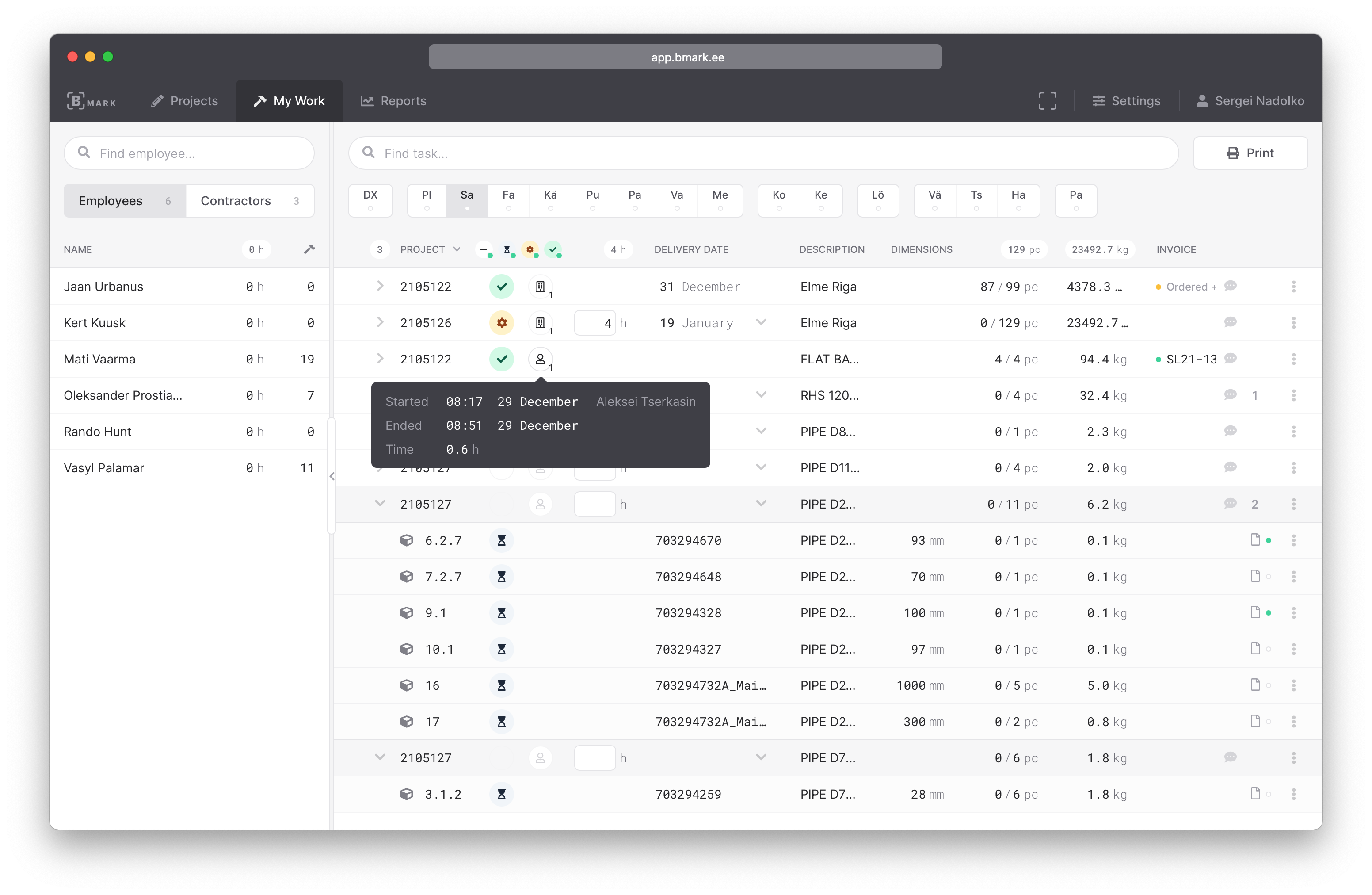 Interface showing Tööjõu ja alltöövõtjate haldus
